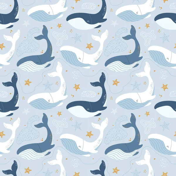 クジラとのシームレスなパターン 海をテーマに ベクトルかわいい青の背景 青いクジラ 金色のヒトデ ファブリック 衣類に適しています — ストックベクタ