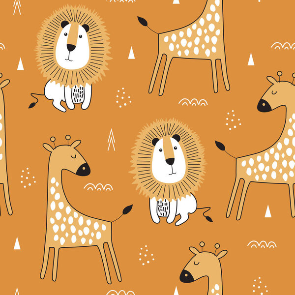Seamless pattern with cute giraffe and llion. Creative vector childish background for fabric, textile