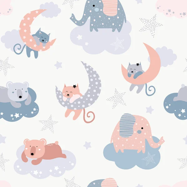 クマとかわいいシームレスなパターン 雲の星 雲の上のかわいい動物 白の隔離された背景にピンクと青の動物 ベクトルの子供のイラスト ファブリック 衣類に適しています — ストックベクタ