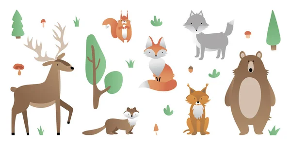 Komik Hayvanlarla Kusursuz Orman Düzeni Basit Vektör Illüstrasyonu — Stok Vektör