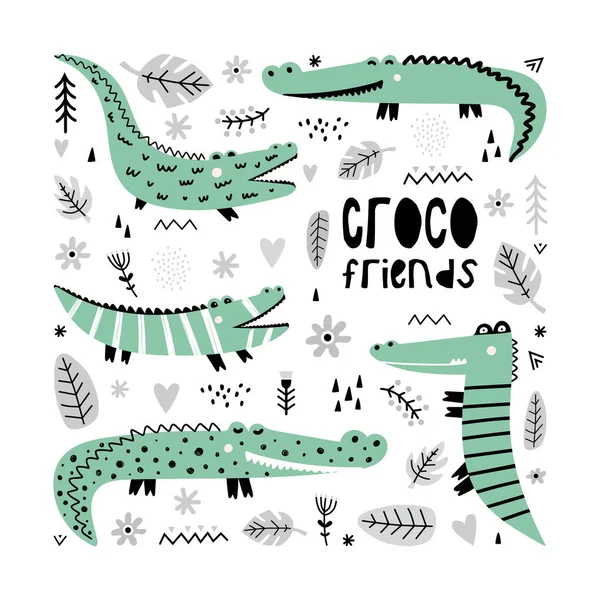 Crocodilos Bonitos Sem Costura Padrão Ilustração Vetorial Simples —  Vetores de Stock