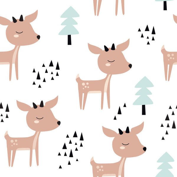 Seamless childish pattern with cute deer in the wood. Creative kids texture for fabric, wrapping, textile, wallpaper, apparel. Vector illustration in Scandinavian style