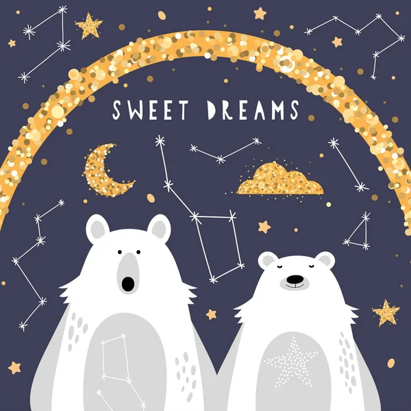 Banner Süßer Träume Mit Zwei Weißen Bären Einfache Vektorillustration — Stockvektor