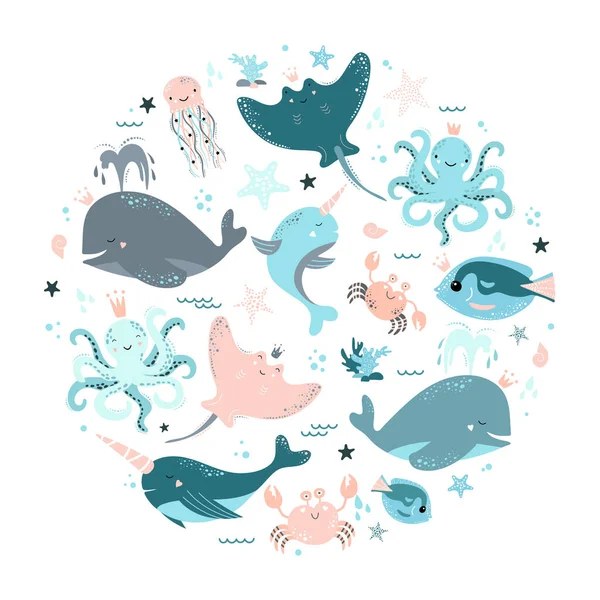 Farklı Hayvanlarla Deniz Deseni Basit Vektör Çizimi — Stok Vektör