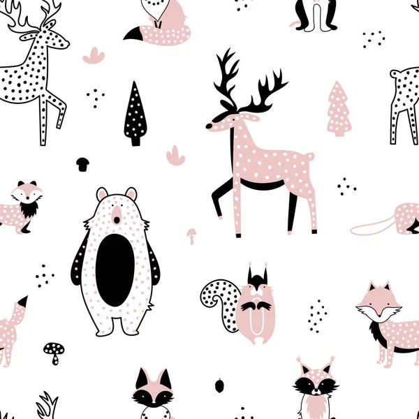 Lindos Animales Del Bosque Patrón Sin Costura Ilustración Simple Vector — Vector de stock