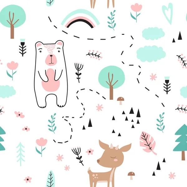 Forêt Motif Sans Couture Avec Des Animaux Drôles Illustration Vectorielle — Image vectorielle