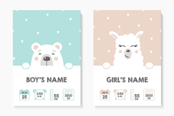 Conjunto Carteles Infantiles Altura Peso Fecha Nacimiento Oso Lama Ilustración — Vector de stock