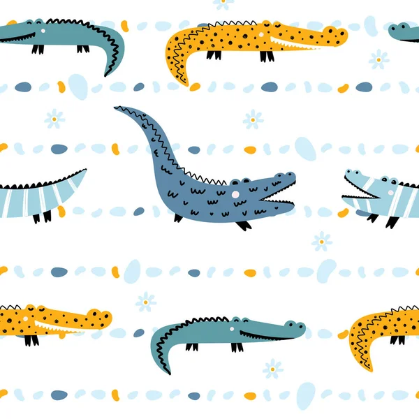 Cute Seamless Pattern Crocodiles Vector Children Illustration Crocodiles Colored Stones Stock Illustration