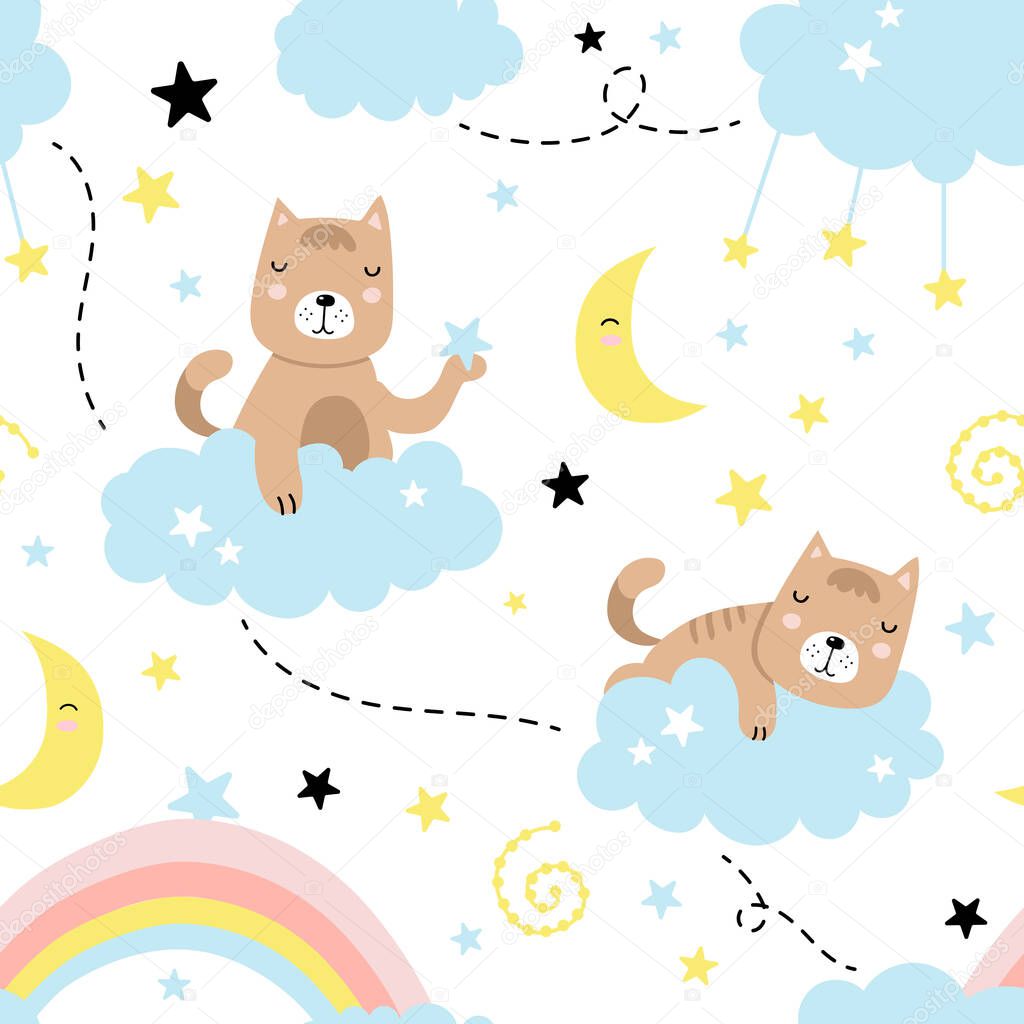 Seamless pattern with cute cat, clouds, stars, moon, rainbow. Great for kids apparel, nursery decoration. Vector Illustration.
