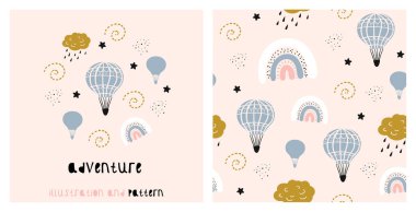 El çizimi elementlerle çizilmiş sevimli gökkuşağı deseni. Çocuk kıyafetleri ve çocuk odası dekorasyonu için harika. Vektör İllüstrasyonu