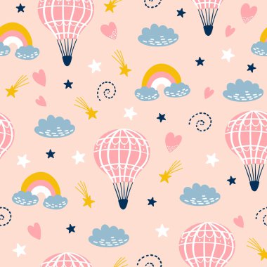 Elle çizilmiş balonlar, gökkuşakları ve kalple kusursuz çocuksu desenler. Kumaş, ambalaj, tekstil, duvar kağıdı ve giysi için yaratıcı İskandinav çocuk dokusu. Vektör illüstrasyonu