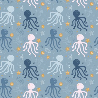 Ahtapotla kusursuz desen. Vektör arkaplanı. Denizdeki şirin mavi ahtapot, denizyıldızı, dalgalar. Çocuk odasında kumaş, duvar kağıdı, kağıt, giysi, tekstil baskısı için..