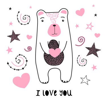 Şirin pembe ayılarla kusursuz bir desen. Kalp elementleri Çocuk geçmişi. Kumaş, giysi, tekstil, duvar kâğıdı, kağıt üzerine baskı yapmaya elverişli.