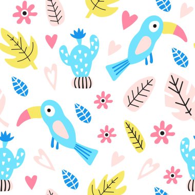 Şirin kuşlu, yapraklı ve kaktüslü kusursuz bir desen. Çocuk kumaşı, tekstil, çocuk odası duvar kağıdı için mükemmel.