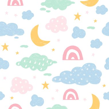 Bulutlu, gökkuşaklı, yıldızlı, gökteki aylı kusursuz desen. Yaratıcı çocuklar kumaş, ambalaj, tekstil, duvar kağıdı ve giysi için el yapımı kumaş. Vektör illüstrasyonu