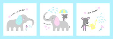 Fil ve fareli şirin kartlar. Çocuk kıyafetleri ve bebek odası dekorasyonu için harika. Vektör İllüstrasyonu