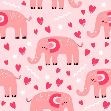 Şirin fil ve kalplerle kusursuz bir desen. Yaratıcı çocuksu doku. Kumaş ve Tekstil Vektörü İllüstrasyonu için harika