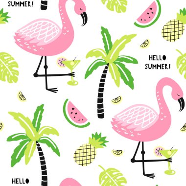 Şirin flamingo, palmiye, karpuz, ananas desenli kusursuz desen. Merhaba yaz. Kumaş ve tekstil için yaratıcı vektör çocuksu arka plan