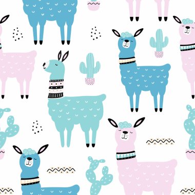 Lama, kaktüs ve el yapımı elementlerle kusursuz desen. Yaratıcı çocuksu doku. Kumaş ve Tekstil Vektörü İllüstrasyonu için harika