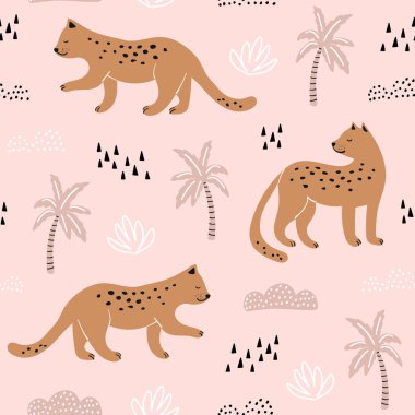 Elle çizilmiş leopar desenli kusursuz desen. Kumaş, ambalaj, tekstil, duvar kağıdı ve giysi için yaratıcı modern doku. Vektör illüstrasyonu