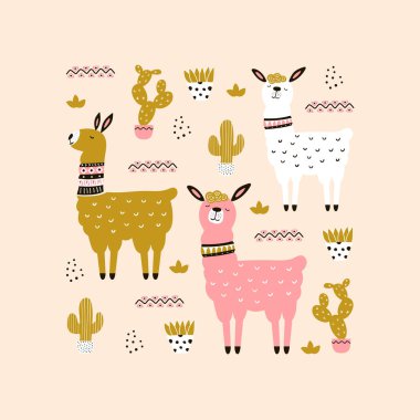 Kaktüslü sevimli çizgi film lamaları. Çocuk odası için çocukça parmak izleri, çocuk kıyafetleri, poster, kartpostal. Vektör İllüstrasyonu