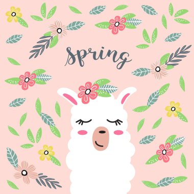 Çiçekli şirin bir çizgi film lama. Bahar. Çocuk odası için çocukça parmak izleri, çocuk kıyafetleri, poster, kartpostal. Vektör İllüstrasyonu