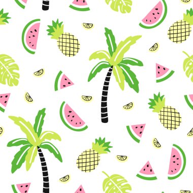 Güzel palmiye, karpuz, ananas gibi pürüzsüz desenler. Kumaş ve tekstil için yaratıcı çocuksu arkaplan