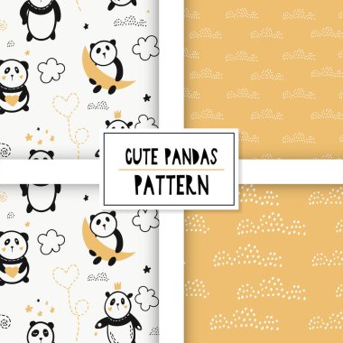 Bulutların üzerinde pandalar olan kusursuz bir şekil. Vektör çocuklar için arka plan. Kumaş, duvar kâğıdı, kağıt, giysi üzerine baskı yapmaya elverişli.