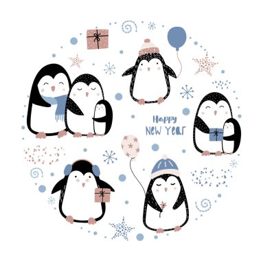 Bir grup sevimli penguen. Noel çocukları vektör illüstrasyonu. Şapka ve eşarplı penguenler. Kar taneleri, yıldızlar, Noel elementleri. Elbiselere, kartpostallara, posterlere baskı yapmak.