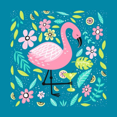 El yapımı elementleri olan hoş bir flamingo. Çocuk kıyafetleri ve çocuk odası dekorasyonu için harika. Vektör İllüstrasyonu