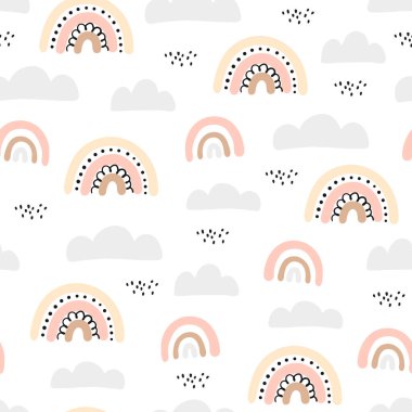 Gökyüzünde bulut ve gökkuşağı olan kusursuz bir desen. Yaratıcı çocuklar kumaş, ambalaj, tekstil, duvar kağıdı ve giysi için el yapımı kumaş. Vektör illüstrasyonu