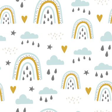 Gökyüzünde bulut ve gökkuşağı olan kusursuz bir desen. Yaratıcı çocuklar kumaş, ambalaj, tekstil, duvar kağıdı ve giysi için el yapımı kumaş. Vektör illüstrasyonu
