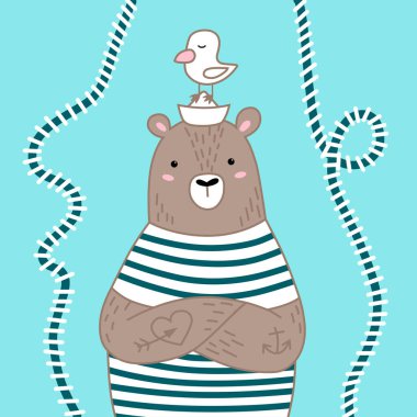 Mavi arka planda sevimli bir ayı denizci. Çocuk odası için çocukça parmak izleri, çocuk kıyafetleri, poster, kartpostal. Vektör İllüstrasyonu 