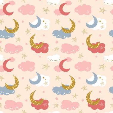 Bulutlu, gökkuşaklı, yıldızlı, gökteki aylı kusursuz desen. Yaratıcı çocuklar kumaş, ambalaj, tekstil, duvar kağıdı ve giysi için el yapımı kumaş. Vektör illüstrasyonu