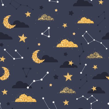 Kusursuz desenli altın bulutlar, yıldızlar, gökteki ay. Yaratıcı çocuklar el çizimi doku vektörü çizimleri