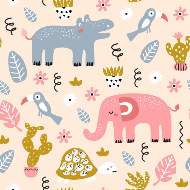 Afrikalı hayvanlarla kusursuz çocuksu bir düzen. Kumaş, ambalaj, tekstil, duvar kağıdı ve giyim için yaratıcı İskandinav tarzı çocuk dokusu. Vektör illüstrasyonu