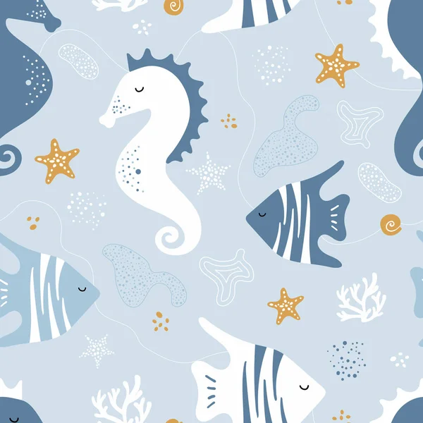 海の馬 魚とシームレスなパターン ベクトル背景 ヒトデ 波のかわいい青い動物 布に印刷するための 子供部屋の壁紙 — ストックベクタ