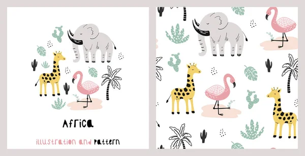 Güzel zürafa, fil, el çizimleri olan flamingo ve kusursuz desenler. Afrika. Çocuk kıyafetleri ve çocuk odası dekorasyonu için harika. Vektör İllüstrasyonu