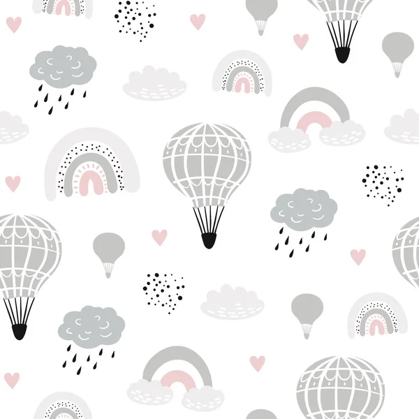 Elle çizilmiş balonlar, gökkuşakları ve kalple kusursuz çocuksu desenler. Kumaş, ambalaj, tekstil, duvar kağıdı ve giysi için yaratıcı İskandinav çocuk dokusu. Vektör illüstrasyonu