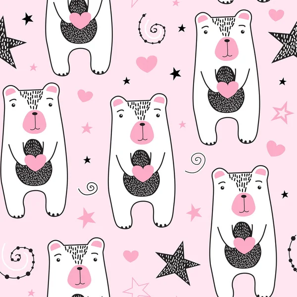 Seamless Pattern Cute Pink Bears Heart Elements Children Background Suitable — Stock Vector