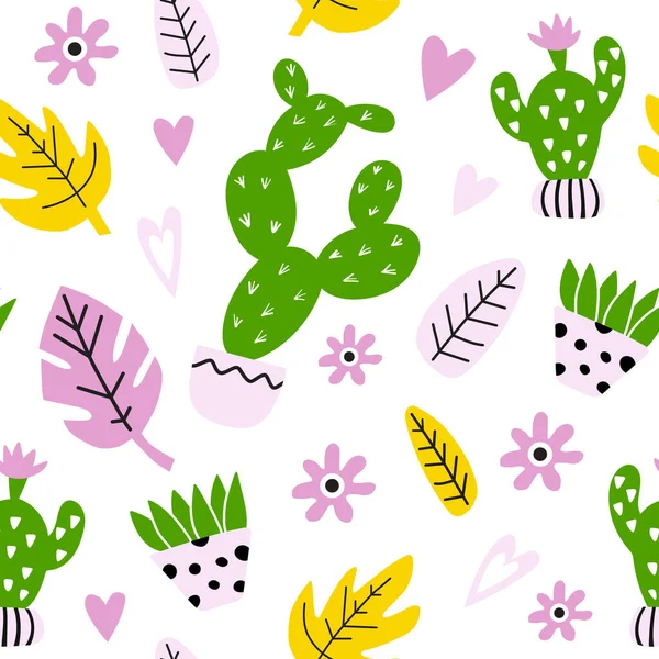 Motif Sans Couture Avec Cactus Feuilles Parfait Pour Tissu Textile — Image vectorielle