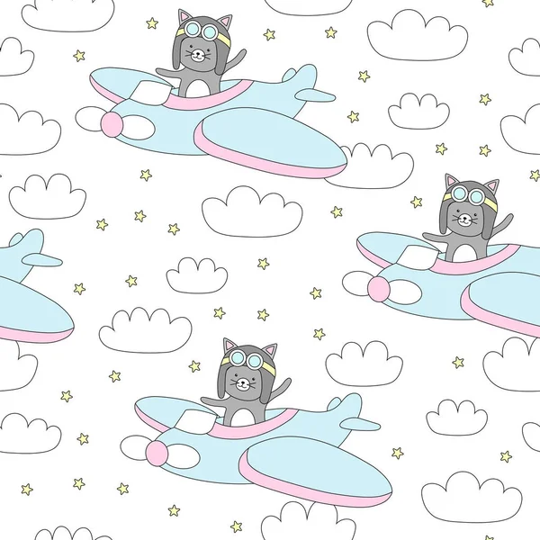 Cute Cat Flies Plane Sky Stars Clouds Great Kids Apparel — Stock Vector
