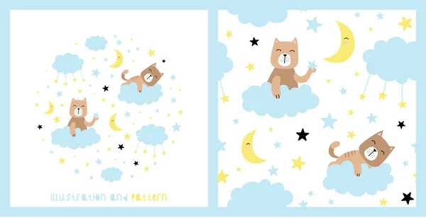 Ilustração Padrão Sem Costura Com Gato Bonito Nuvens Estrelas Lua — Vetor de Stock