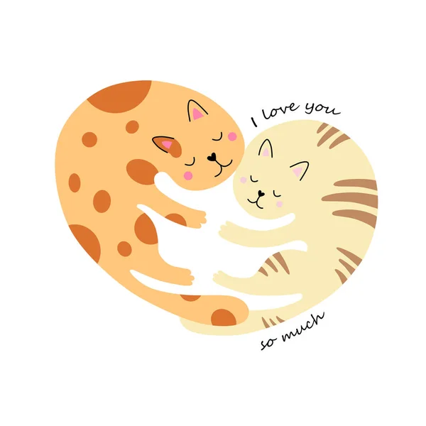 Niedliche Katzen Umarmen Ein Herz Ich Liebe Dich Sehr Ideal — Stockvektor