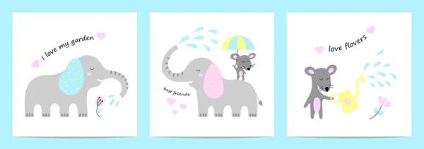Nette Karten Mit Elefant Und Maus Ideal Für Kinderbekleidung Kinderzimmer — Stockvektor