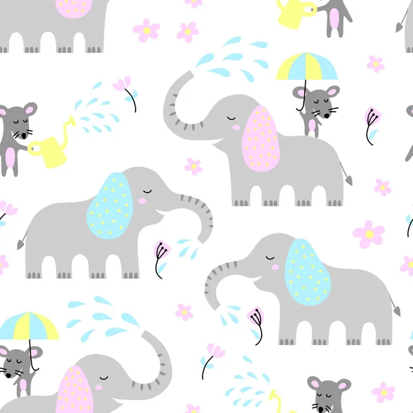 Seamless Pattern Cute Elephant Mouse Creative Childish Texture Great Fabric — Stock Vector