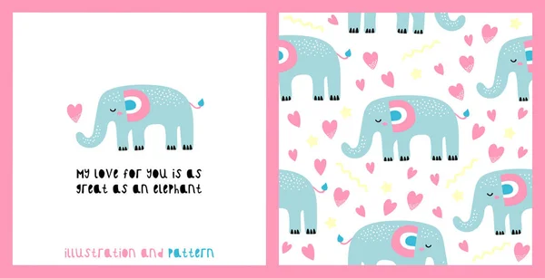 손으로 삽화가 귀여운 코끼리의 미없는 일러스트 발렌타인데이 — 스톡 벡터