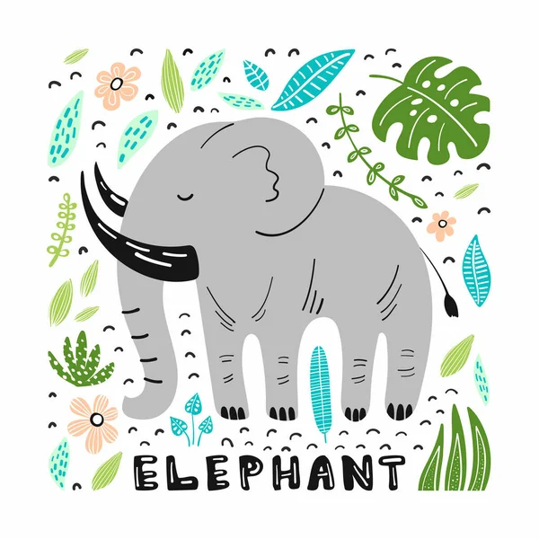 Elefante Lindo Con Ilustraciones Dibujadas Mano Con Letras Tarjeta Postal — Vector de stock