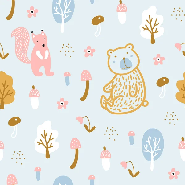 Patrón Bosque Sin Costuras Con Oso Lindo Textura Infantil Para — Vector de stock