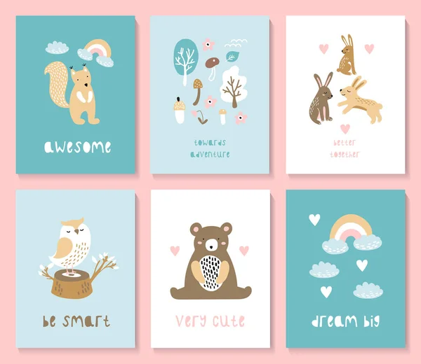 Juego Postales Con Animales Lindos Del Bosque Adecuado Para Postales — Vector de stock